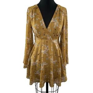FREE PEOPLE Mustard Yellow Floral Print Bell Sleeve Lilou Mini Dress Size S